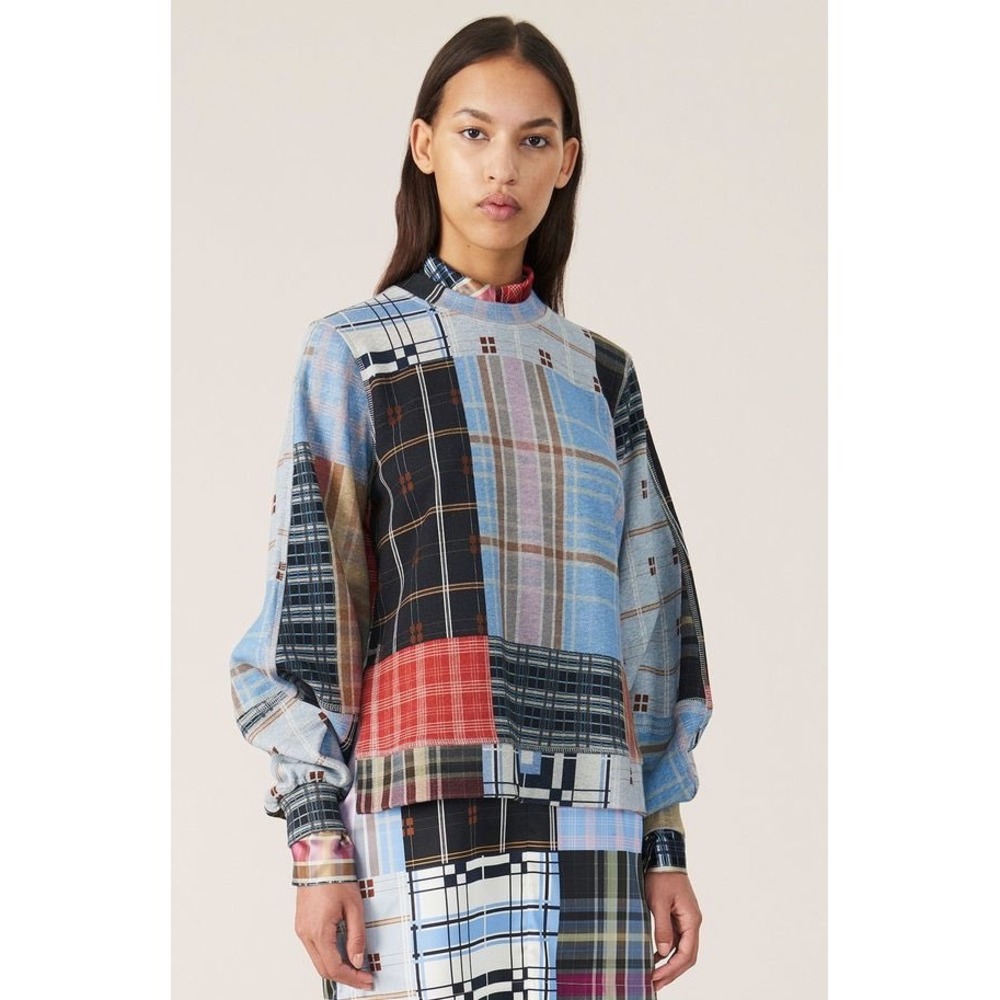 GANNI Isoli Sweatshirt Forever Blue Patchwork Plaid Long Sleeve Crewneck Medium‎